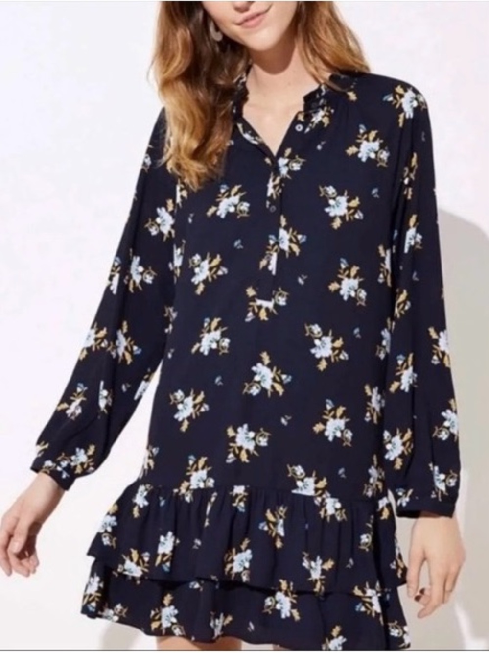 LOFT Black Long-Sleeve Floral Ruffle-Tier‎ Dress, Size S